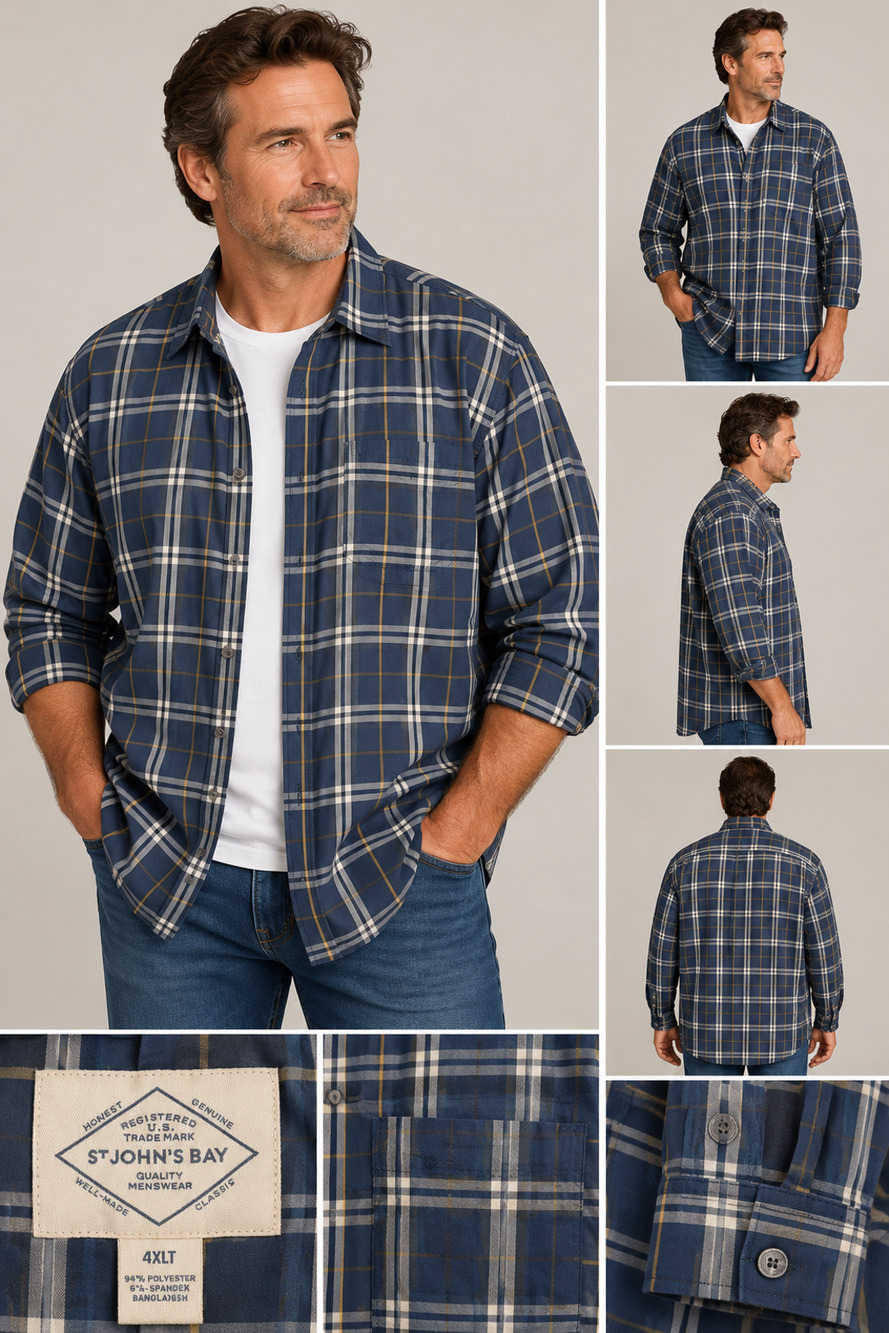 ~ St John's Bay Classic Fit Men's 4XLT Mystical Blue Plaid Big & Tall - NWT ~